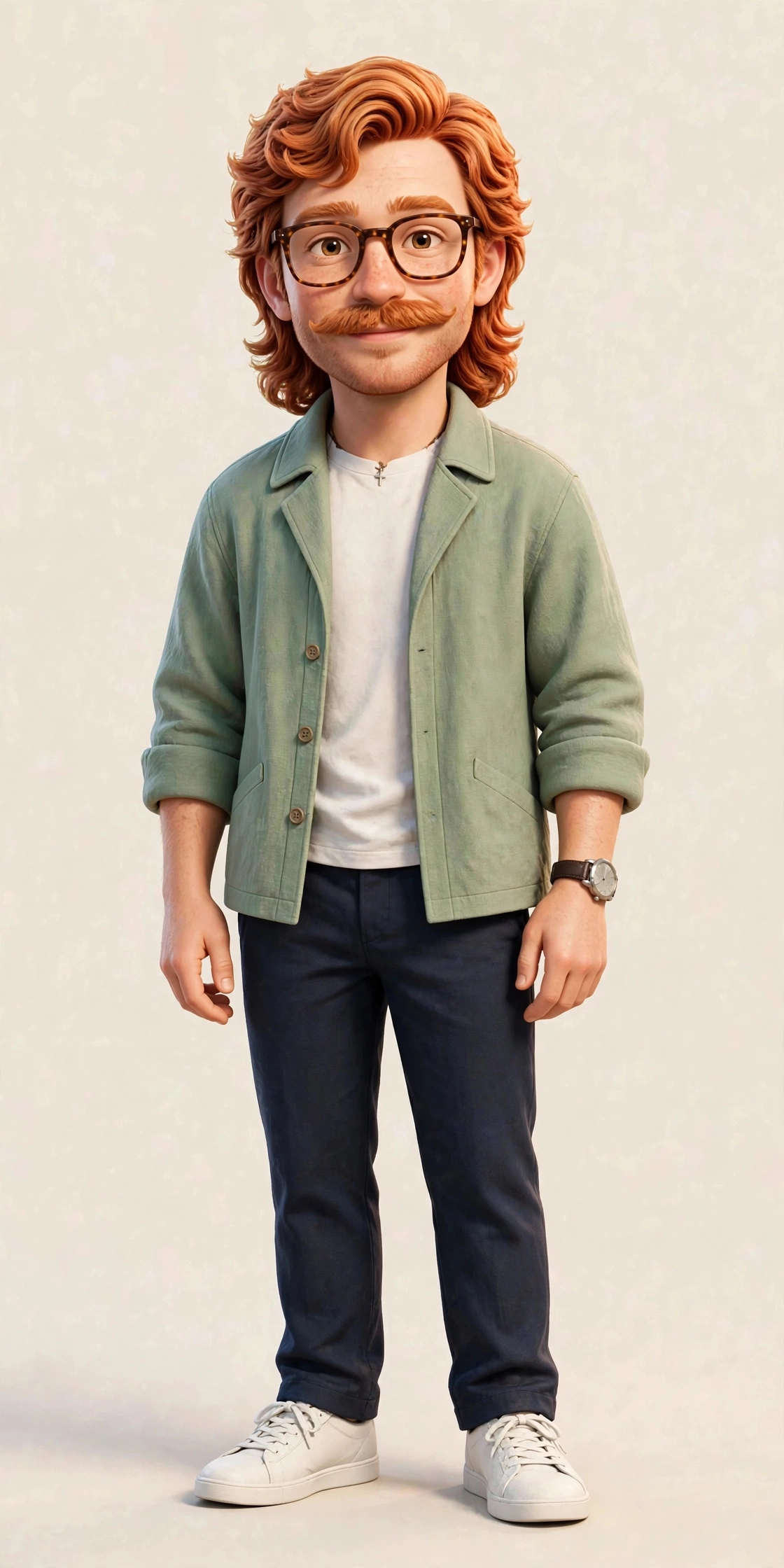 Miles — full-body portrait of San Diego's riding companion: red mullet, tortoiseshell glasses, sage overshirt, tiny cross at his collar.